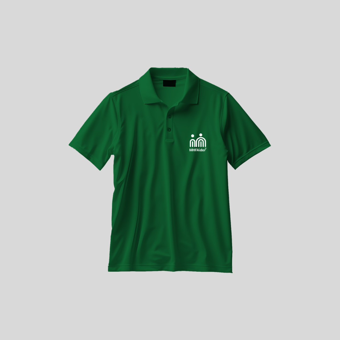 A green short-sleeve polo shirt with a white printed logo on the left chest, displayed against a solid gray background.