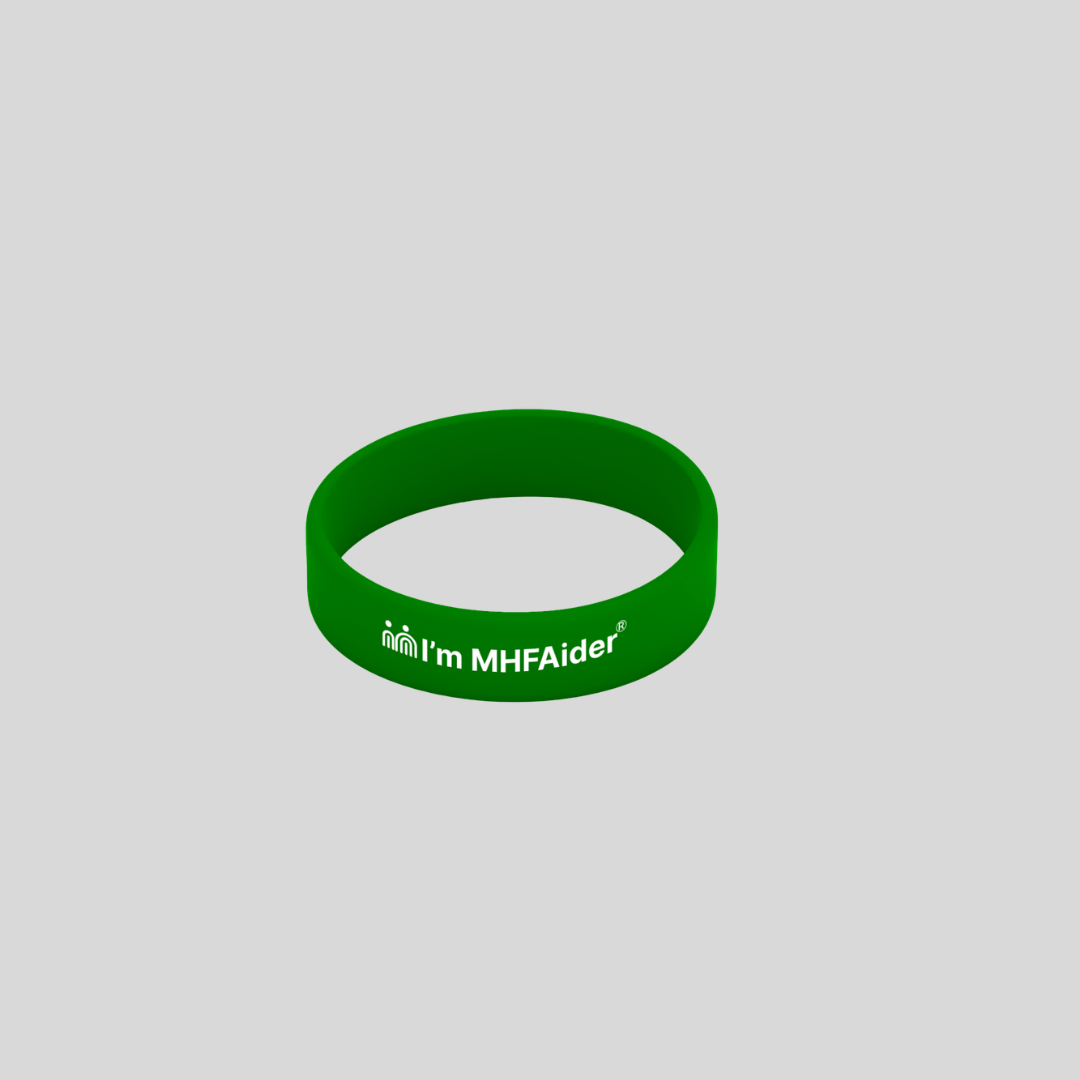 A bright green silicone wristband with white printed text reading 'I'm MHFAider' and a small MHFAider logo, shown on a plain light gray background.