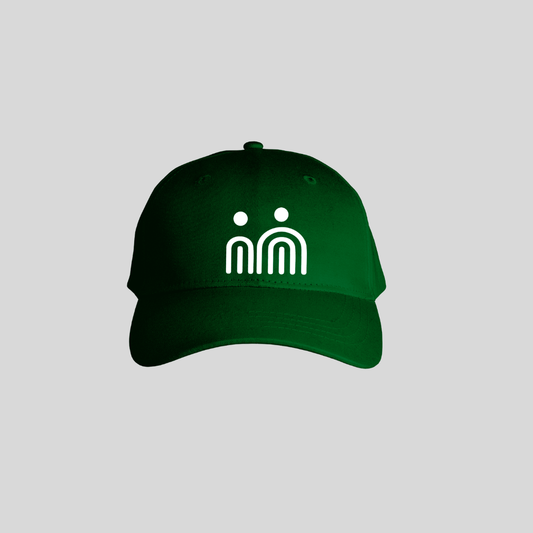 A dark green baseball cap with a white minimalist graphic on the front depicting two small figures above two vertical bars, shown against a solid light gray background.